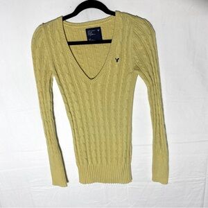 Vintage Y2K American Eagle Yellow Deep V Neck Cable Knit Long Sleeve Sweater S